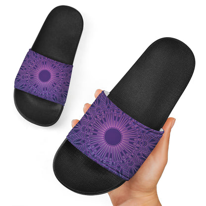 Purple Trippy Mandala Print Black Slide Sandals