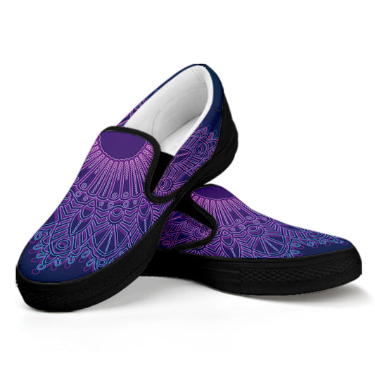 Purple Trippy Mandala Print Black Slip On Shoes