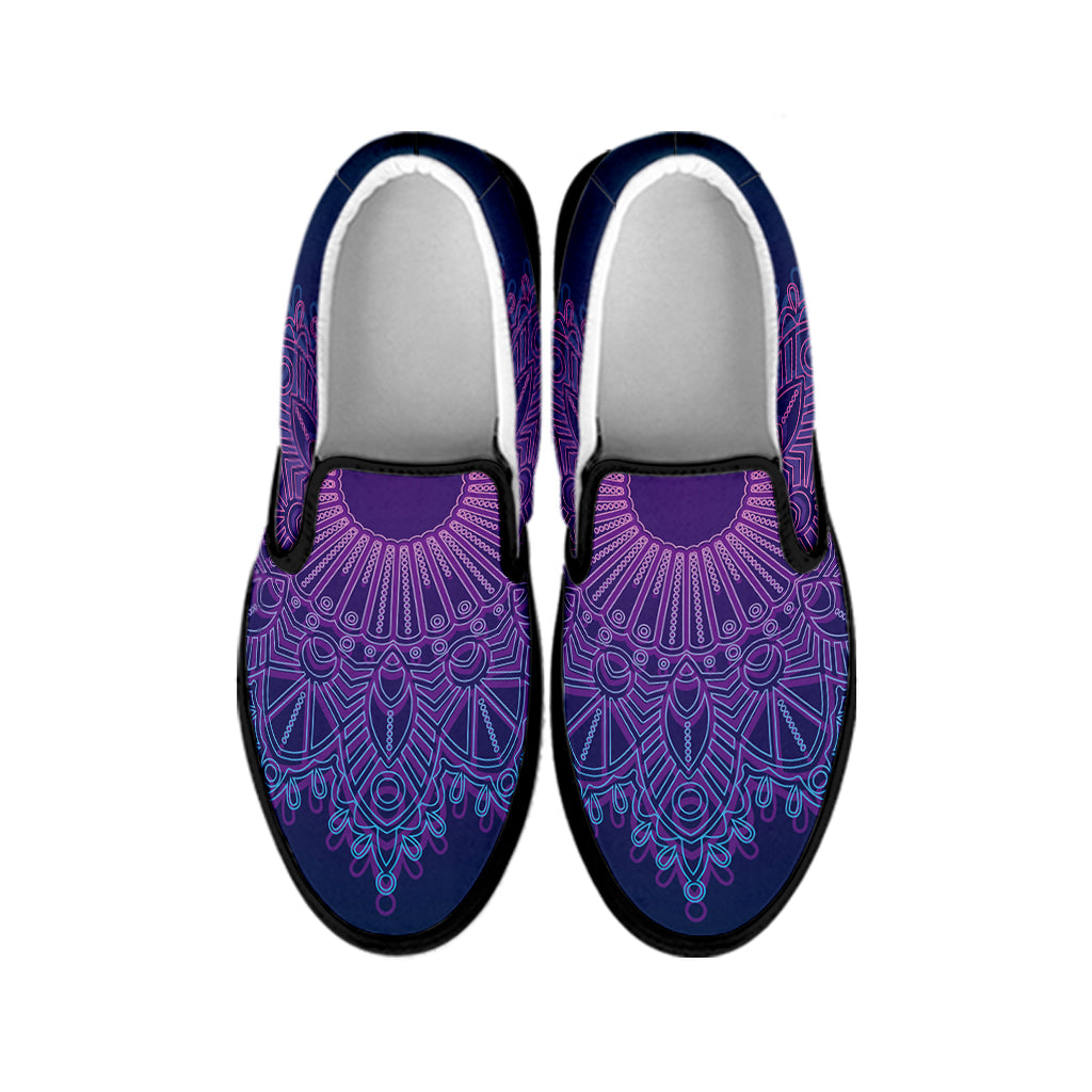 Purple Trippy Mandala Print Black Slip On Shoes