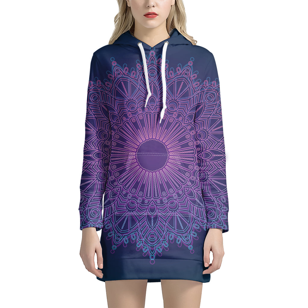Purple Trippy Mandala Print Pullover Hoodie Dress
