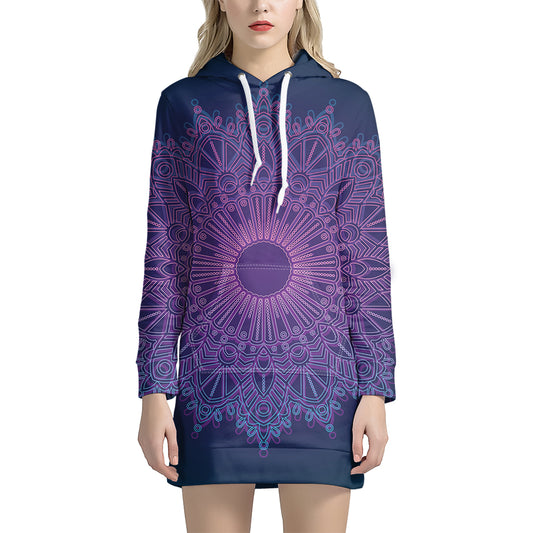 Purple Trippy Mandala Print Pullover Hoodie Dress