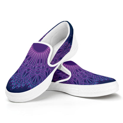 Purple Trippy Mandala Print White Slip On Shoes