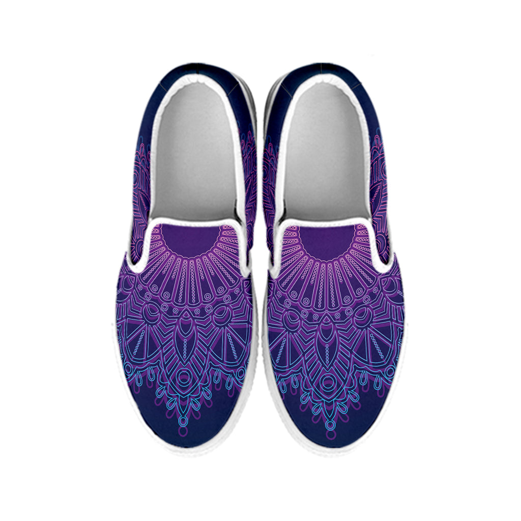 Purple Trippy Mandala Print White Slip On Shoes