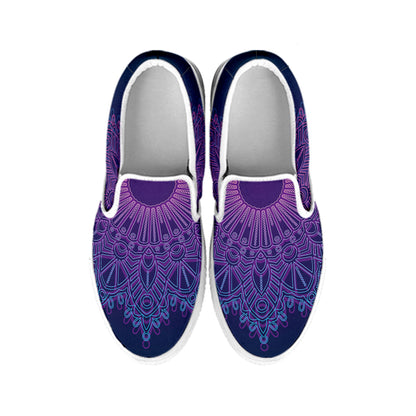 Purple Trippy Mandala Print White Slip On Shoes