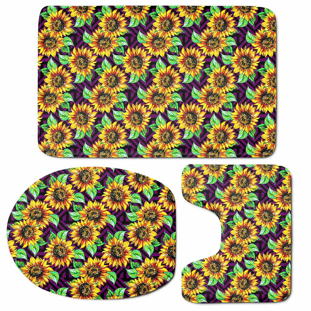Purple Trippy Sunflower Pattern Print 3 Piece Bath Mat Set