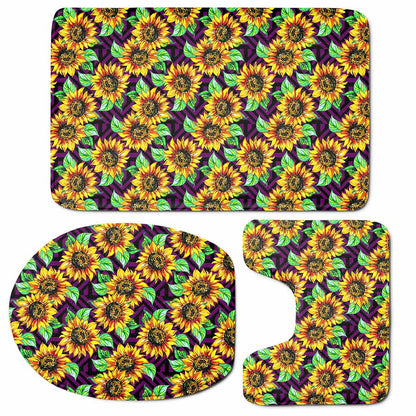 Purple Trippy Sunflower Pattern Print 3 Piece Bath Mat Set