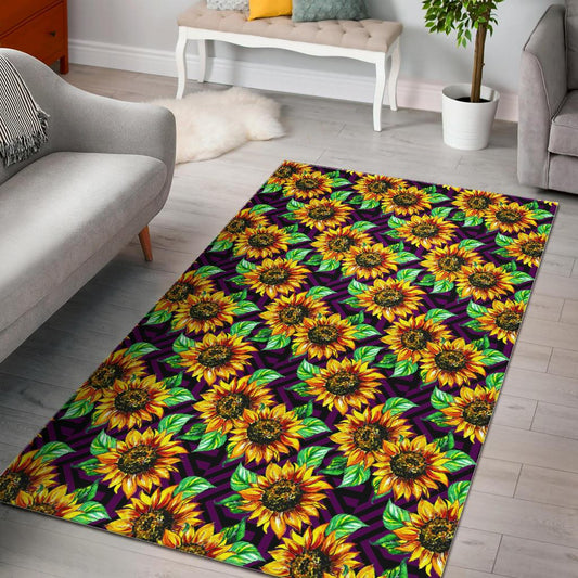 Purple Trippy Sunflower Pattern Print Area Rug GearFrost
