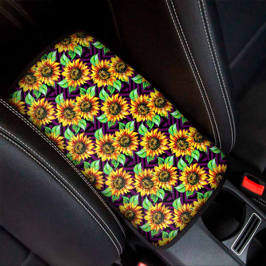 Purple Trippy Sunflower Pattern Print Car Center Console Cover