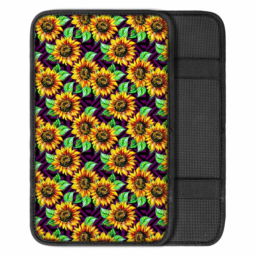 Purple Trippy Sunflower Pattern Print Car Center Console Cover
