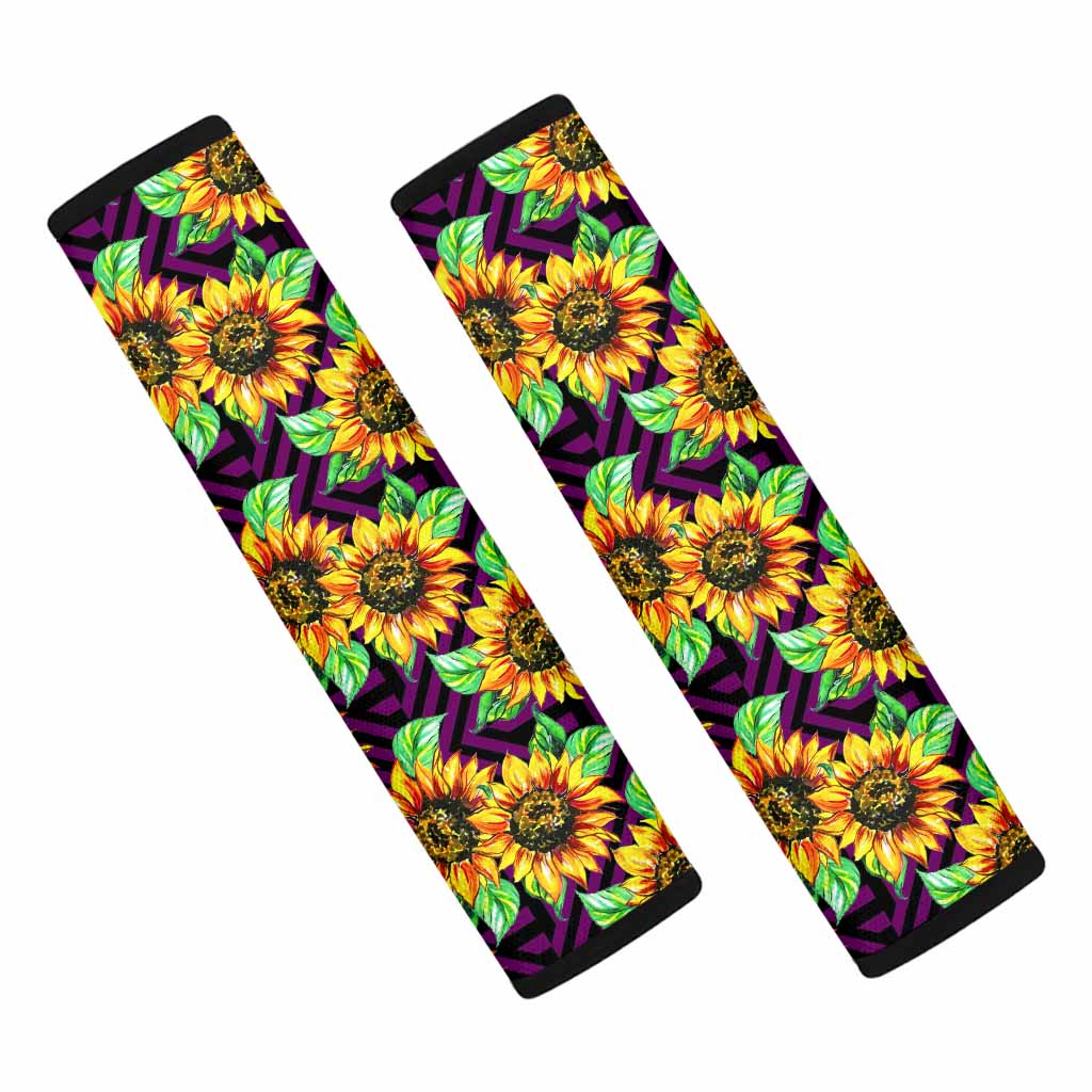Purple Trippy Sunflower Pattern Print Car Seat Belt Covers