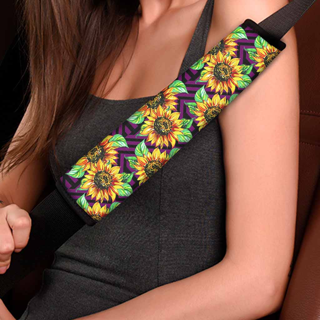 Purple Trippy Sunflower Pattern Print Car Seat Belt Covers
