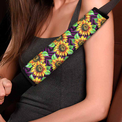 Purple Trippy Sunflower Pattern Print Car Seat Belt Covers