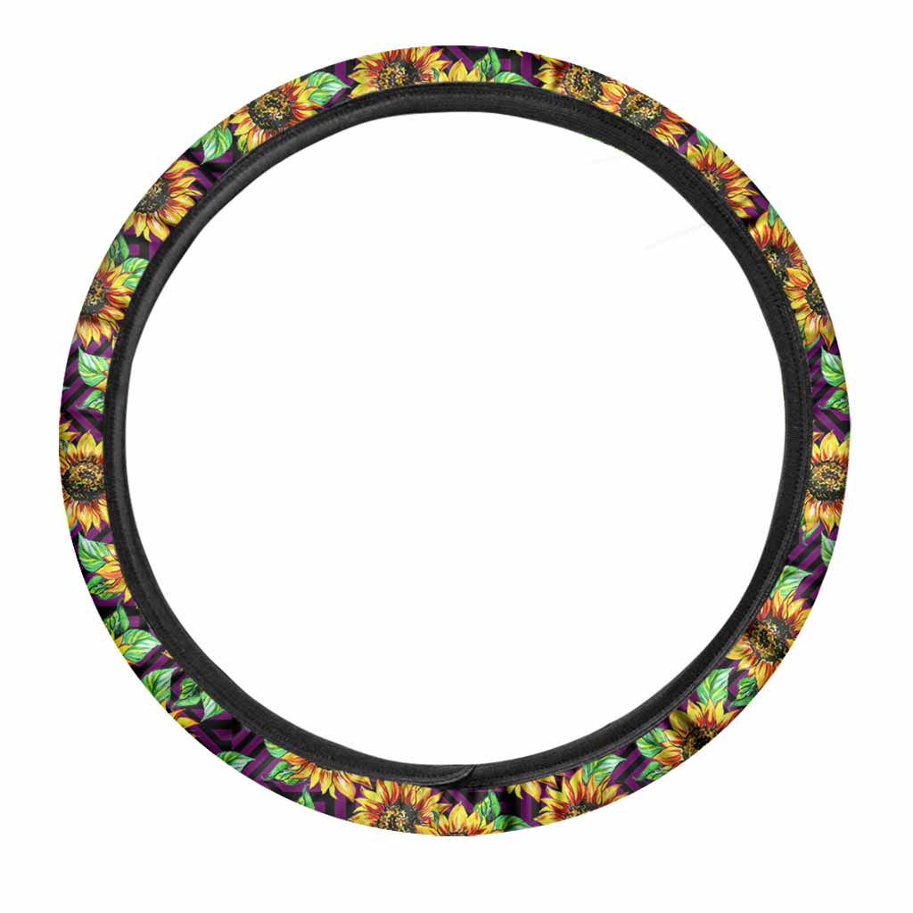 Purple Trippy Sunflower Pattern Print Car Steering Wheel Cover