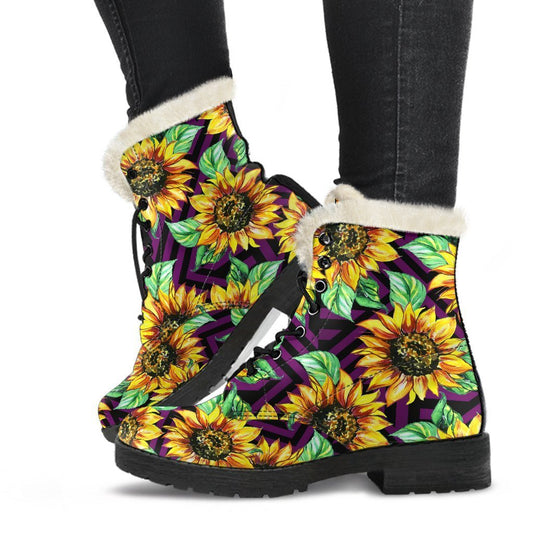 Purple Trippy Sunflower Pattern Print Comfy Boots GearFrost