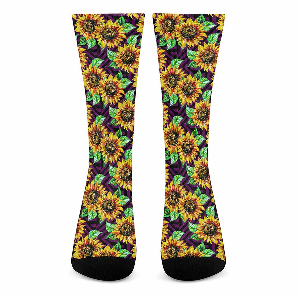 Purple Trippy Sunflower Pattern Print Crew Socks