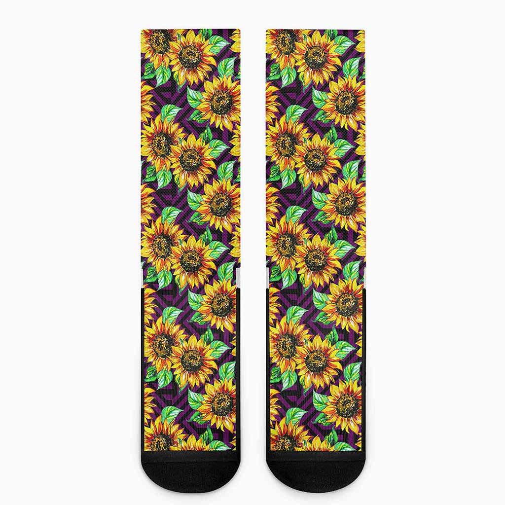 Purple Trippy Sunflower Pattern Print Crew Socks