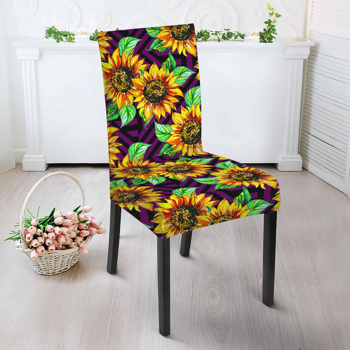 Purple Trippy Sunflower Pattern Print Dining Chair Slipcover