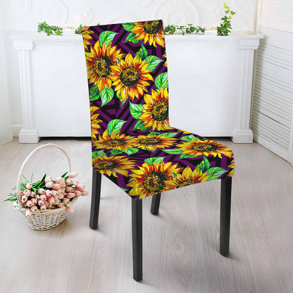 Purple Trippy Sunflower Pattern Print Dining Chair Slipcover