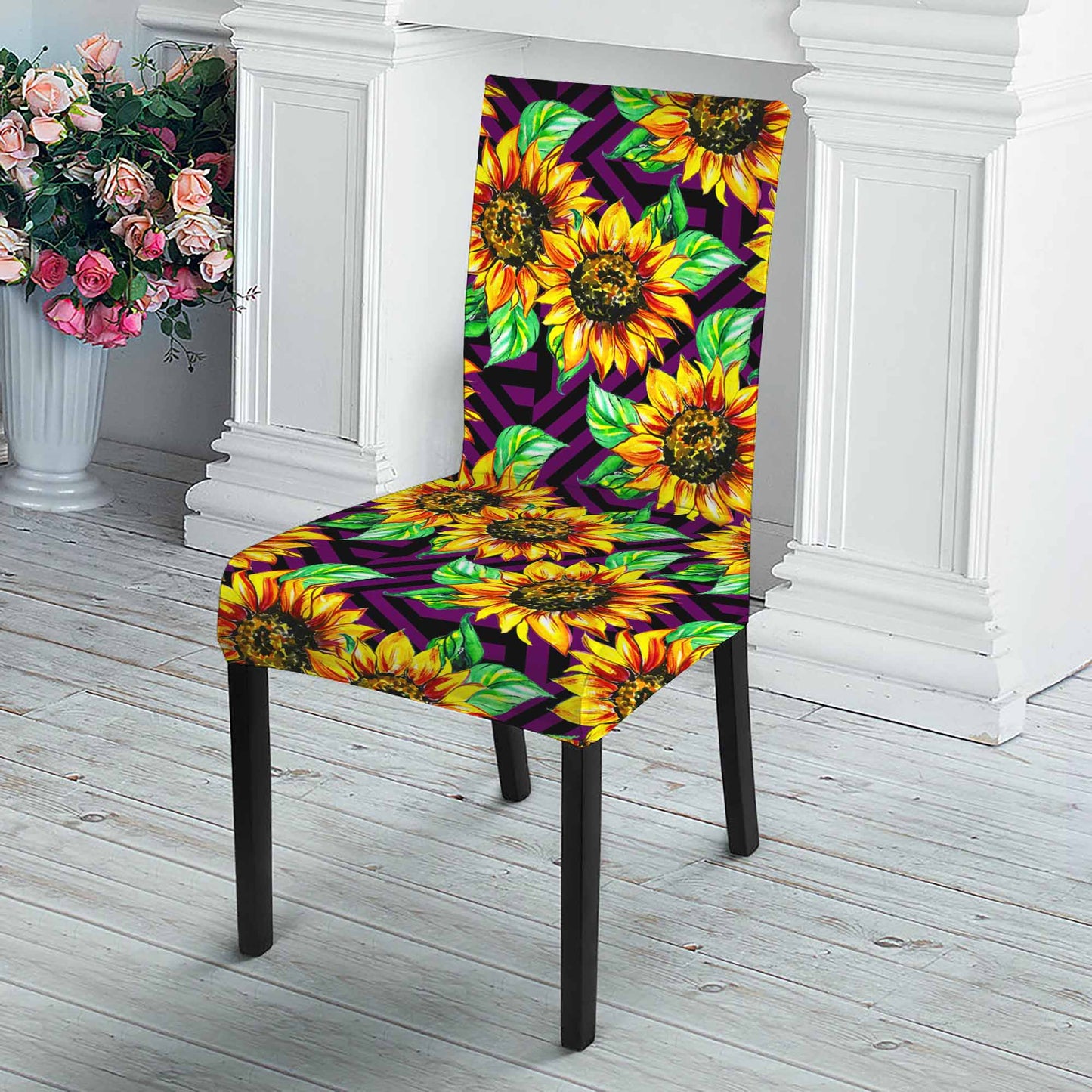 Purple Trippy Sunflower Pattern Print Dining Chair Slipcover
