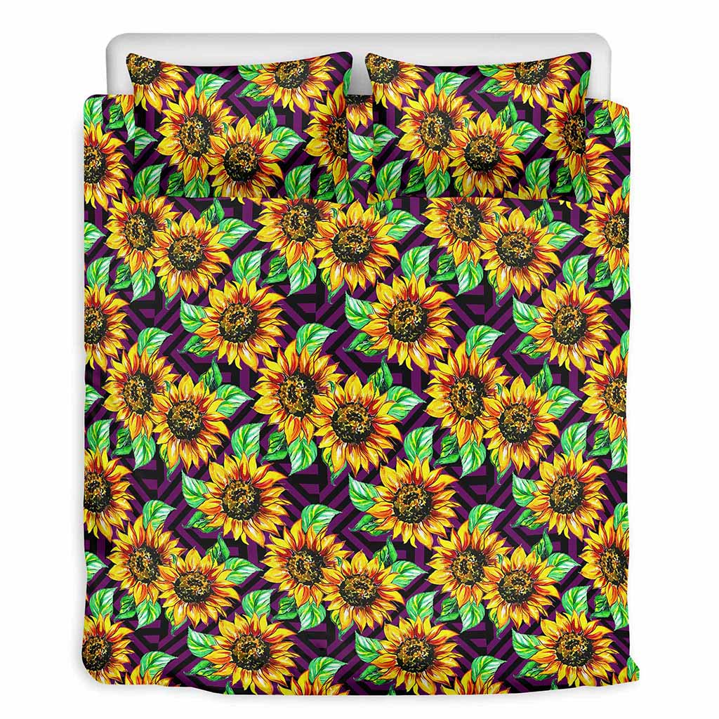 Purple Trippy Sunflower Pattern Print Duvet Cover Bedding Set