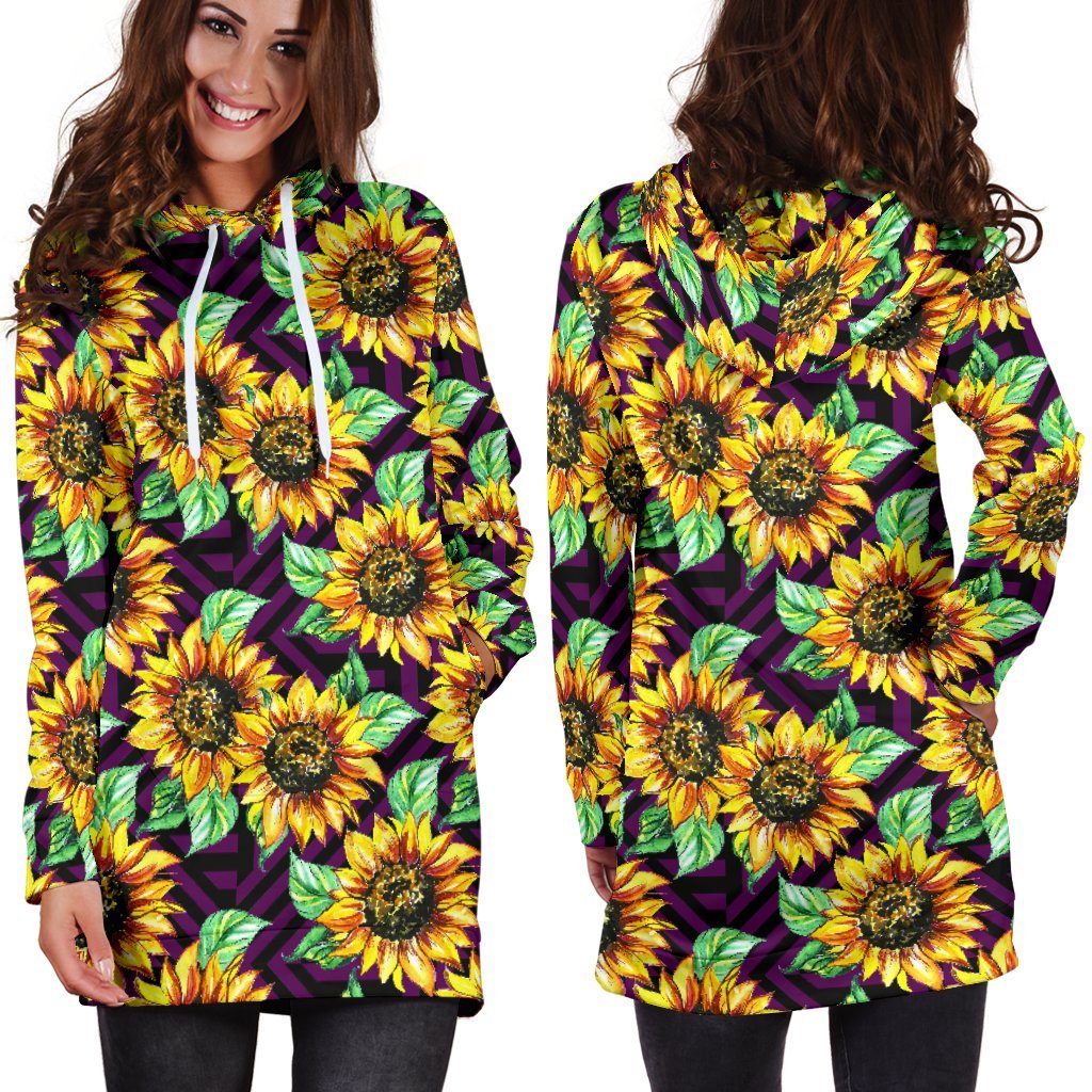 Purple Trippy Sunflower Pattern Print Hoodie Dress GearFrost