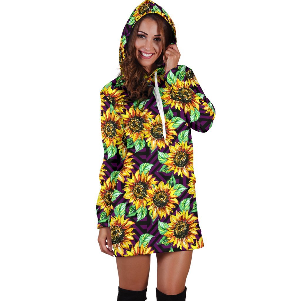 Purple Trippy Sunflower Pattern Print Hoodie Dress GearFrost