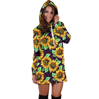 Purple Trippy Sunflower Pattern Print Hoodie Dress GearFrost
