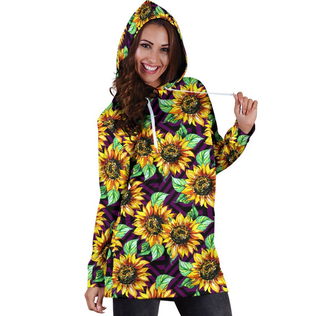 Purple Trippy Sunflower Pattern Print Hoodie Dress GearFrost