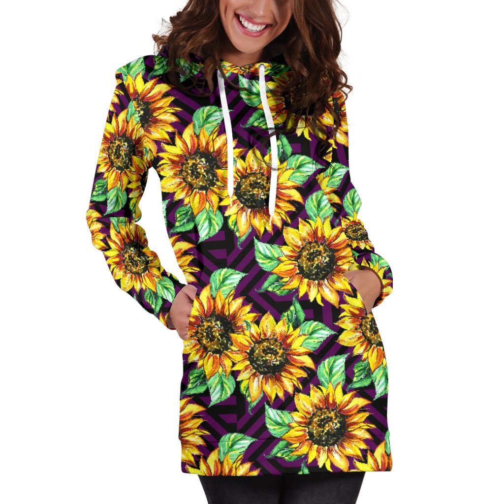 Purple Trippy Sunflower Pattern Print Hoodie Dress GearFrost