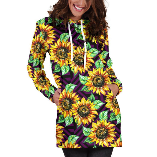 Purple Trippy Sunflower Pattern Print Hoodie Dress GearFrost