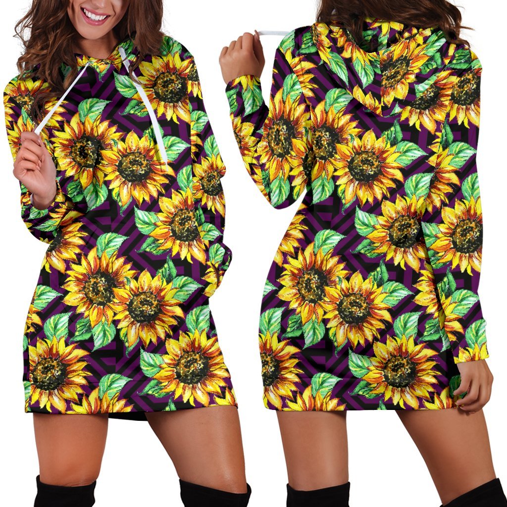 Purple Trippy Sunflower Pattern Print Hoodie Dress GearFrost