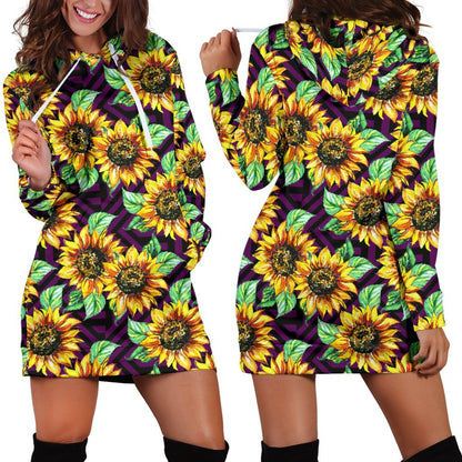Purple Trippy Sunflower Pattern Print Hoodie Dress GearFrost