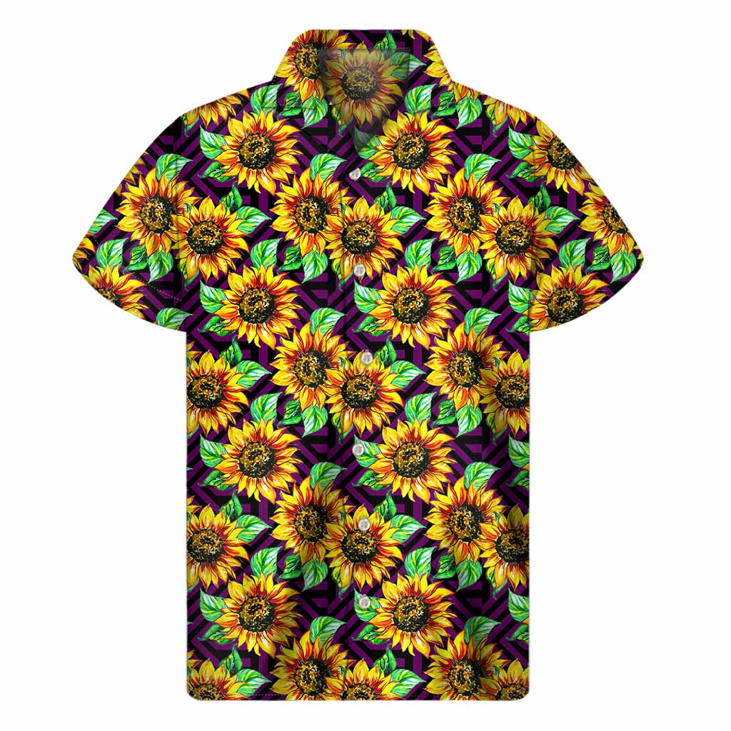 Purple Trippy Sunflower Pattern Print Men's Short Sleeve Shirt