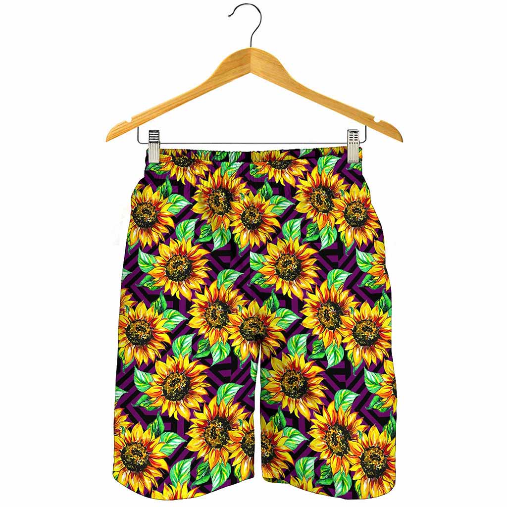 Purple Trippy Sunflower Pattern Print Men's Shorts