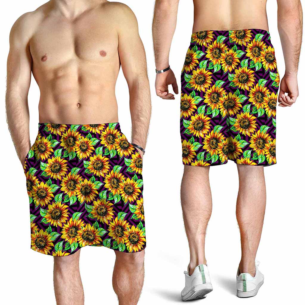 Purple Trippy Sunflower Pattern Print Men's Shorts