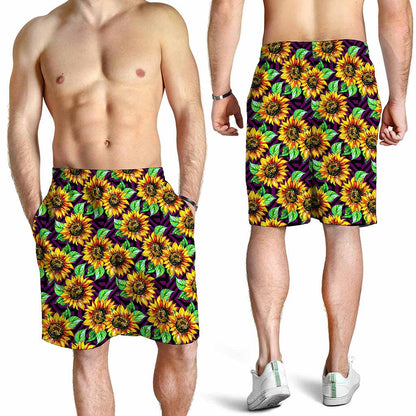 Purple Trippy Sunflower Pattern Print Men's Shorts