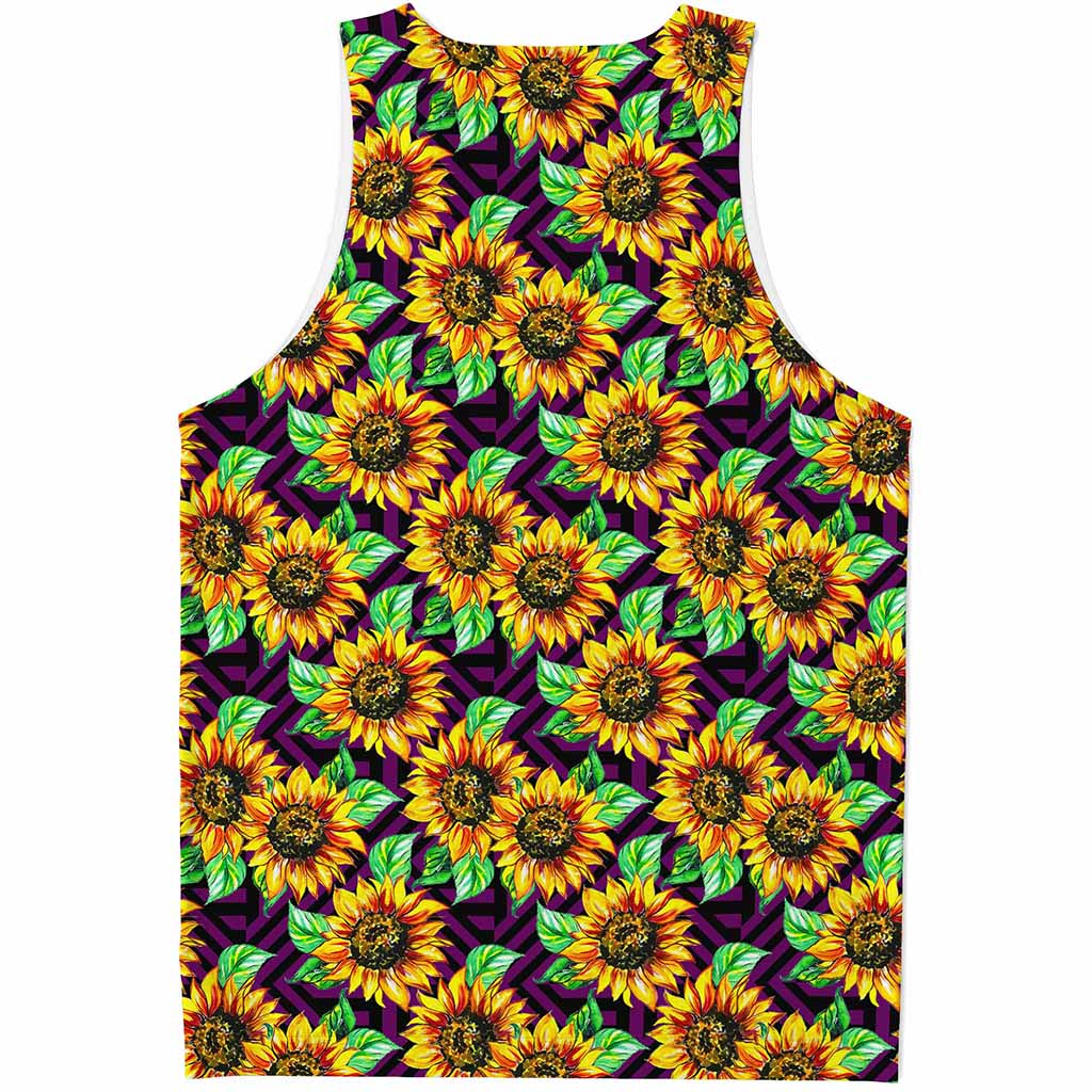 Purple Trippy Sunflower Pattern Print Men's Tank Top