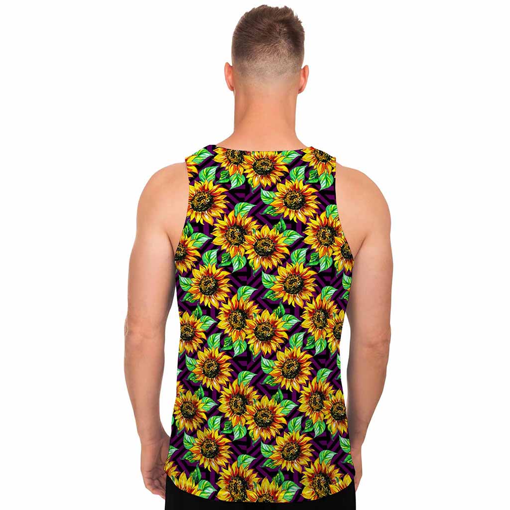 Purple Trippy Sunflower Pattern Print Men's Tank Top