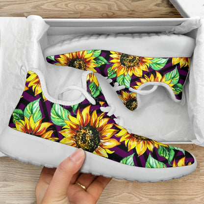 Purple Trippy Sunflower Pattern Print Mesh Knit Shoes GearFrost