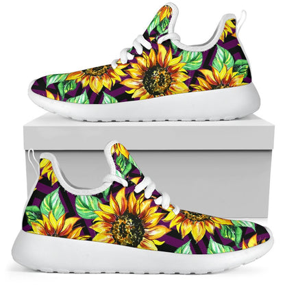 Purple Trippy Sunflower Pattern Print Mesh Knit Shoes GearFrost