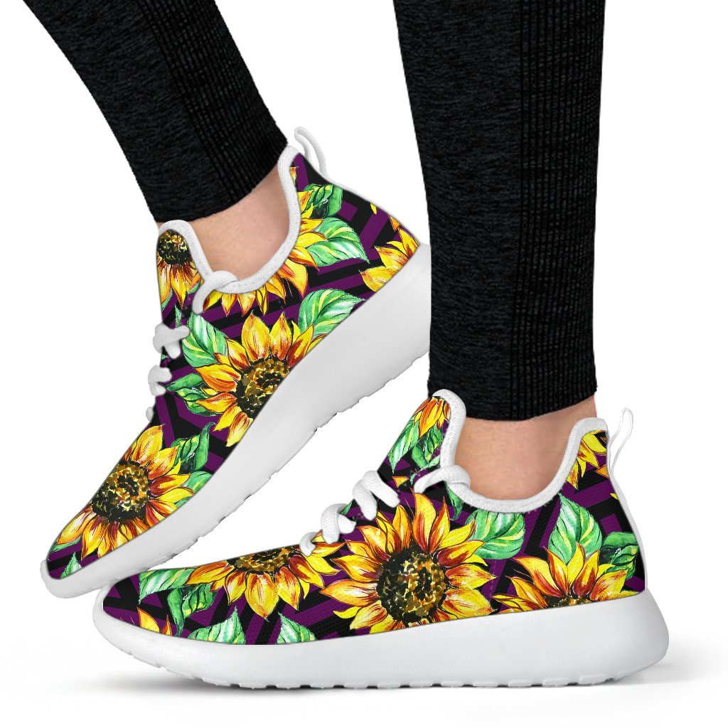 Purple Trippy Sunflower Pattern Print Mesh Knit Shoes GearFrost