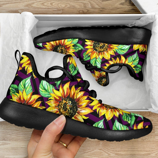 Purple Trippy Sunflower Pattern Print Mesh Knit Shoes GearFrost