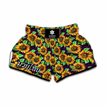 Purple Trippy Sunflower Pattern Print Muay Thai Boxing Shorts