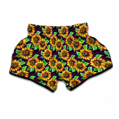 Purple Trippy Sunflower Pattern Print Muay Thai Boxing Shorts