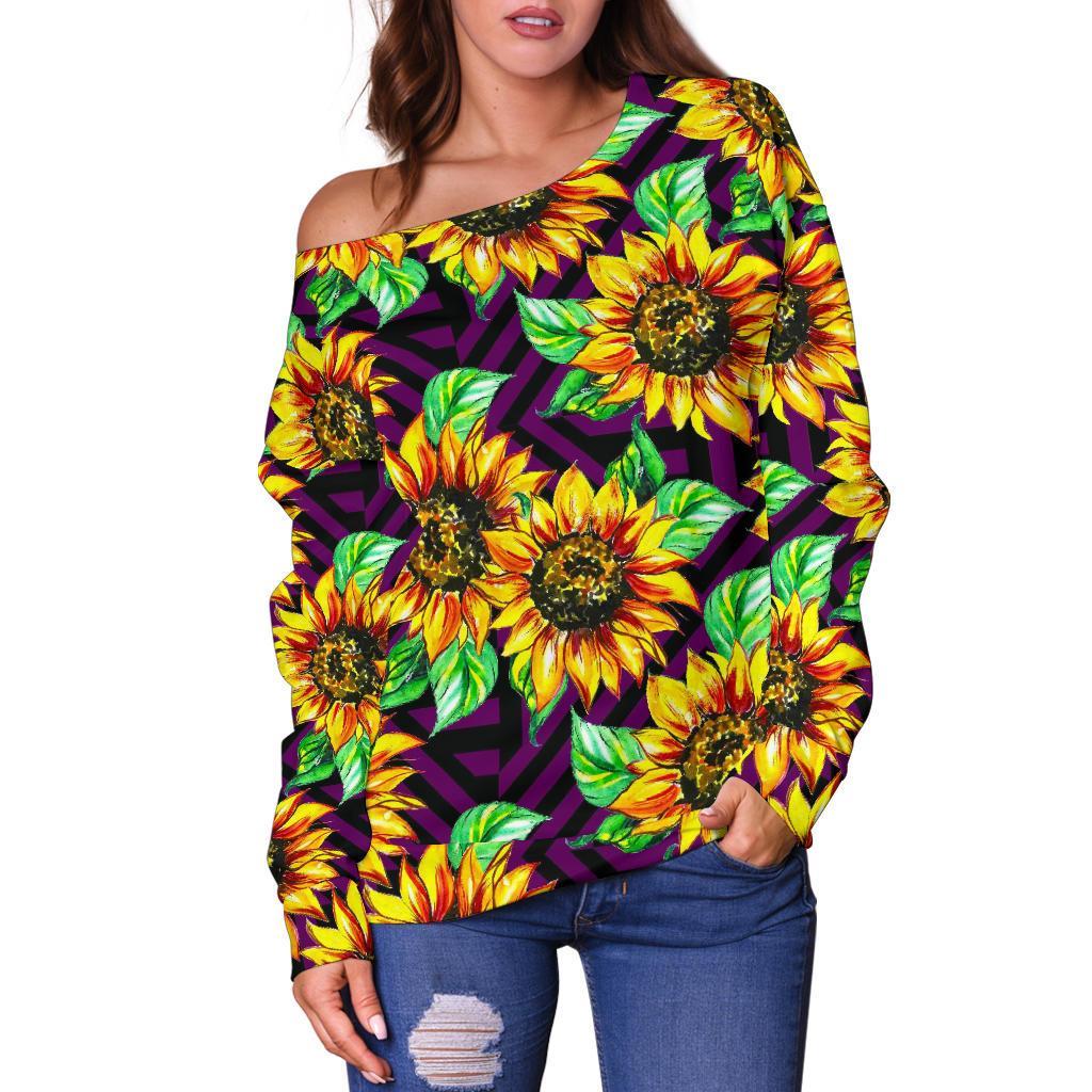 Purple Trippy Sunflower Pattern Print Off Shoulder Sweatshirt GearFrost