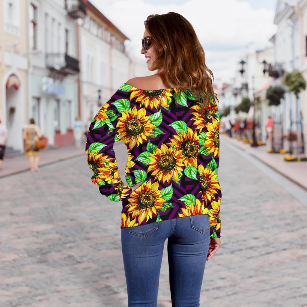 Purple Trippy Sunflower Pattern Print Off Shoulder Sweatshirt GearFrost