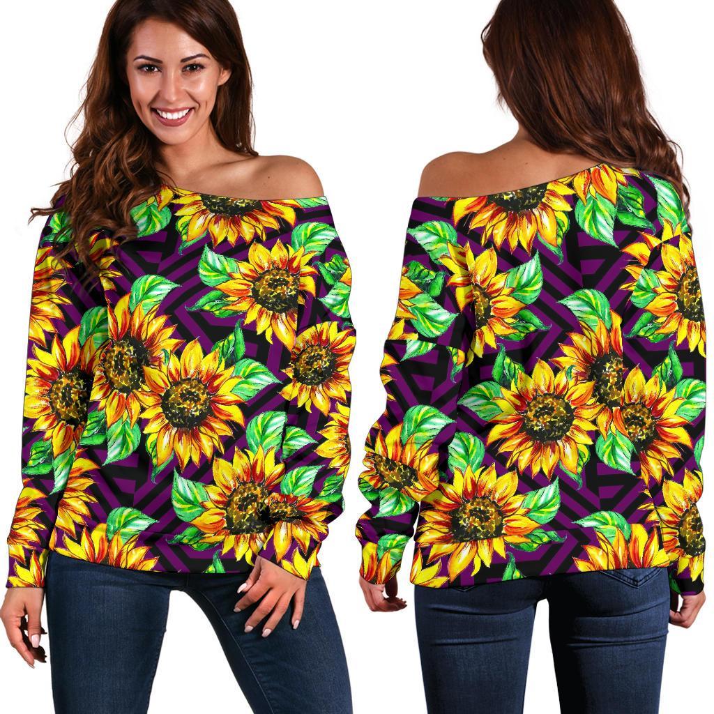 Purple Trippy Sunflower Pattern Print Off Shoulder Sweatshirt GearFrost