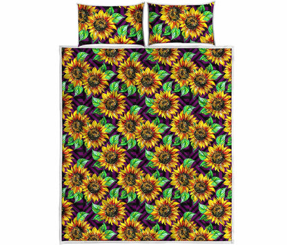 Purple Trippy Sunflower Pattern Print Quilt Bed Set