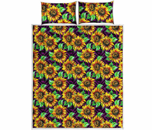 Purple Trippy Sunflower Pattern Print Quilt Bed Set