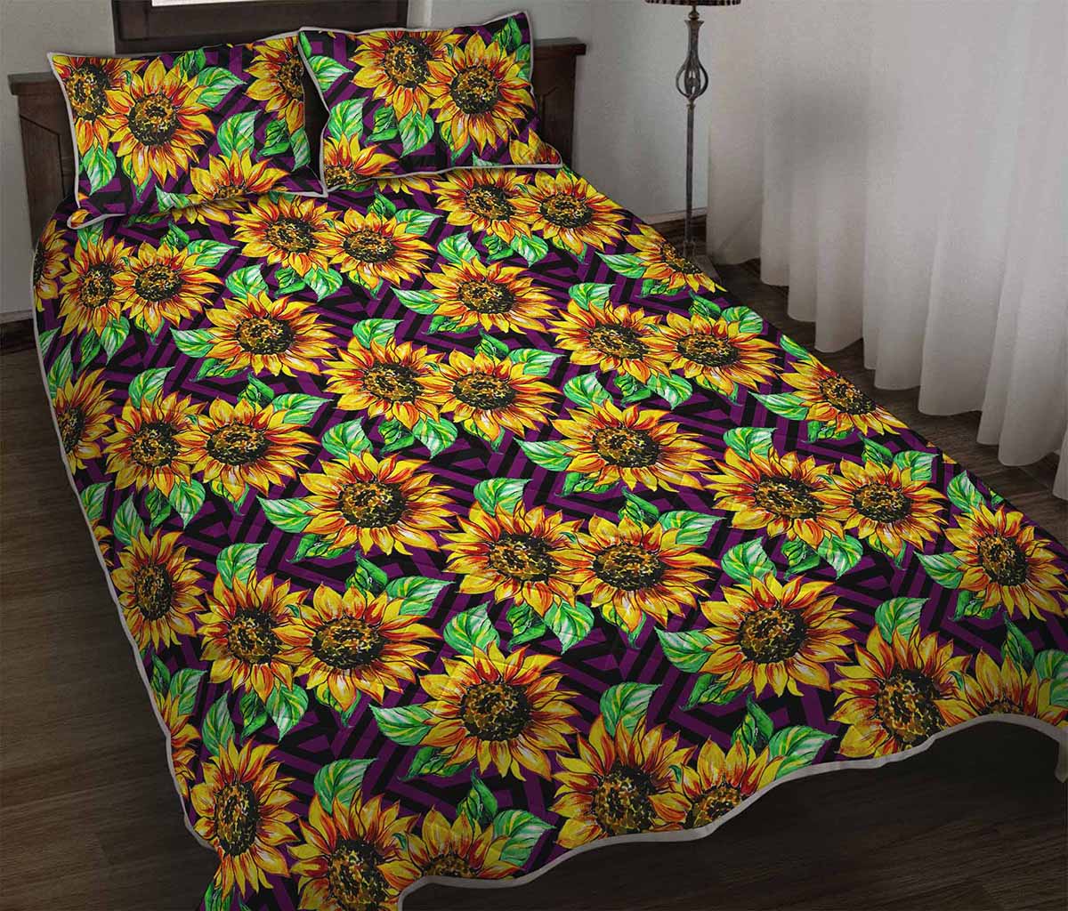 Purple Trippy Sunflower Pattern Print Quilt Bed Set